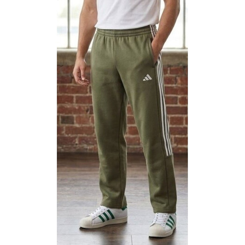 Adidas Men's 3S FL Multisport Sweatpants Straight Olive Green W Stripes L NWT